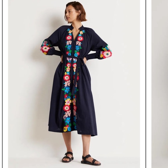 Boden Dresses & Skirts - 🌼 Boden Embroidered Floral Navy Maxi Belted Dress w/ pockets